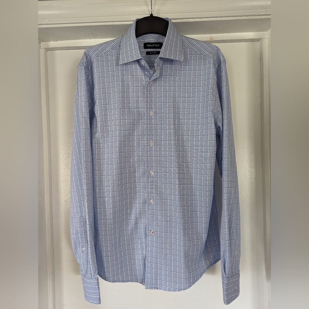 Nautica NWOT Slim Fit Men's Sz Small 32/33, 14 1/2 Button down Dress Shirt Blue